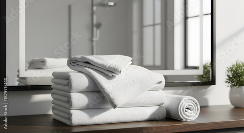 Stack of Clean White Towels on Wooden Bathroom Counter
