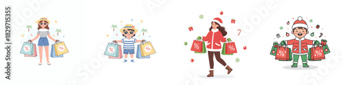 someone carrying several shopping bags. Christmas atmosphere. Vektor, design, minimalist, illustrations, set icon