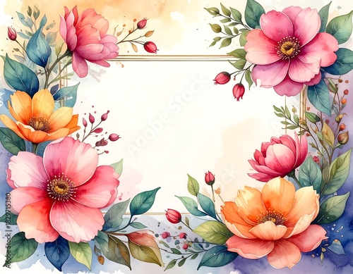 Watercolor flower frame, pink and orange hues, lush leaves, and a golden rectangle. Soft, ethereal floral beauty