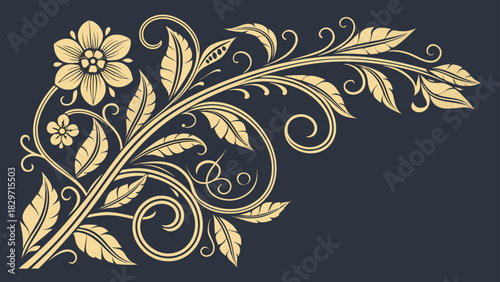 Detailed floral corner design with swirling leaves and blossoms on a dark background image element