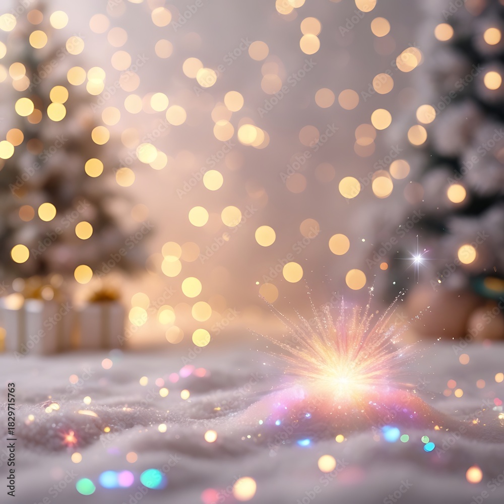 Naklejka premium Bright abstract Christmas tree with golden bokeh lights and stars for a festive holiday celebration design