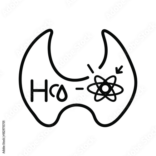 Simple black and white line art icon representing a chemical reaction involving bicarbonate and an atom, isolated on