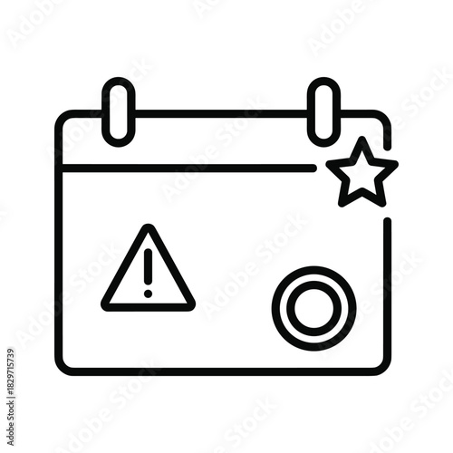 Black and white line icon of a calendar with an exclamation mark warning sign, a circle, and a star for important date notification