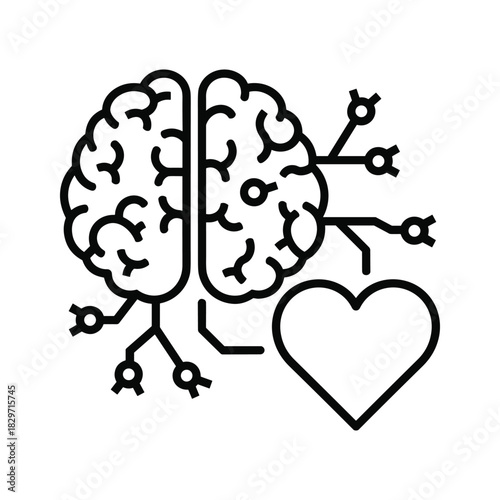 Outline icon representing connection between human brain hemispheres and a heart, isolated on