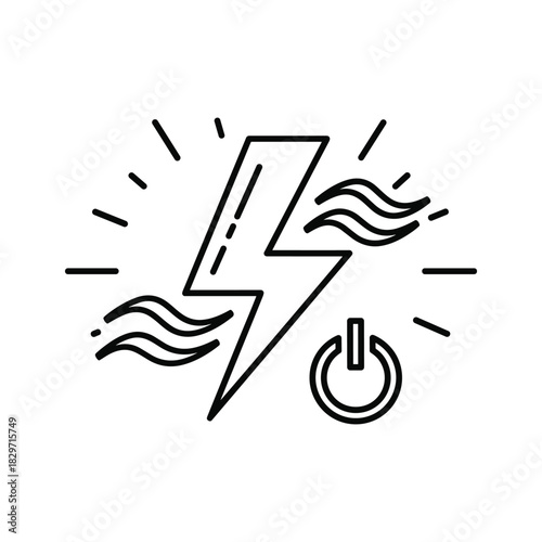 Simple black and white line icon of a lightning bolt with power symbol and wavy lines, isolated on