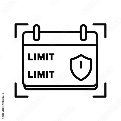 Black line icon representing a calendar with the word limit repeated and a shield symbol for security or protection concept