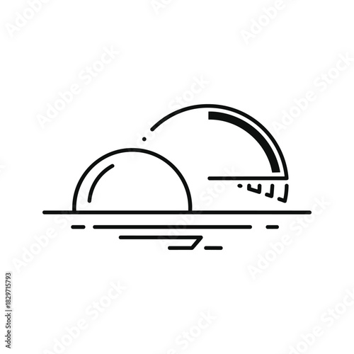 Minimalist line art icon representing two abstract domes or bubbles rising above a stylized horizon line, isolated on