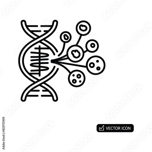 Black and white line art icon illustrating dna strand modification or gene therapy concept with abstract cell structure