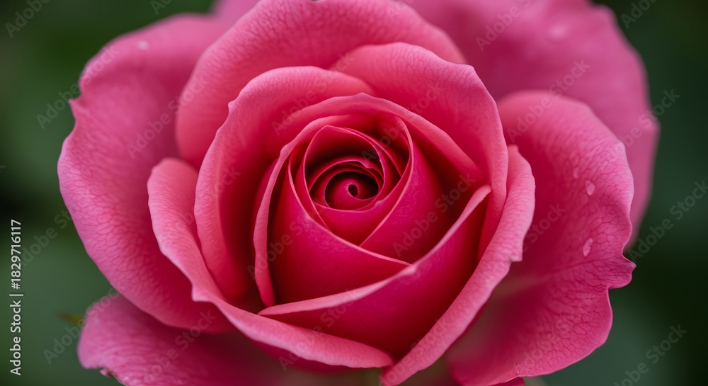 Fototapeta premium Close-up of a vibrant pink rose, with intricate petals, in full bloom against a blurred green backdrop