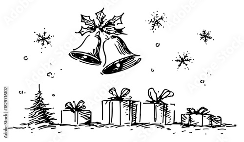 Messy ink doodle of christmas bells with holly and gift boxes under falling snow vector illustration