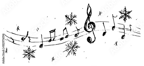 Scribbled rough sketch of musical staff with flowing notes and falling snowflakes vector illustration