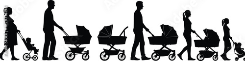 Silhouettes Illustrating the Journey of Parenthood, Featuring a Pregnant Woman, Parents Pushing Various 