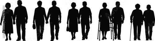Diverse Group of Senior Silhouettes Walking Together, Featuring Elderly Couples Holding Hands and Individuals with Mobility Aids, Symbolizing C