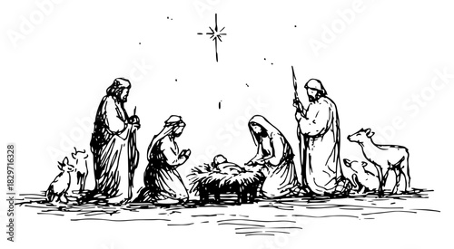 Rough artistic sketch of traditional nativity scene with holy family and shepherds vector illustration