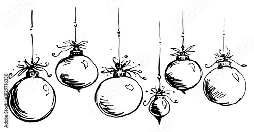 Messy hand drawn scribble of hanging christmas baubles and glass ornaments vector illustration