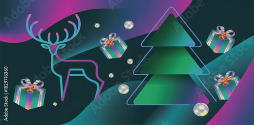 A horizontal, vibrant, abstract banner design for the winter holidays. Features a glowing, stylized neon outline of a reindeer silhouette on the left, next to a large, layered Christmas tree shape 