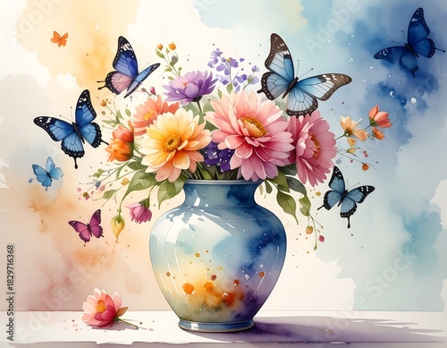 Watercolor flowers in a blue-toned vase, fluttering with colorful butterflies, on a soft, colorful background
