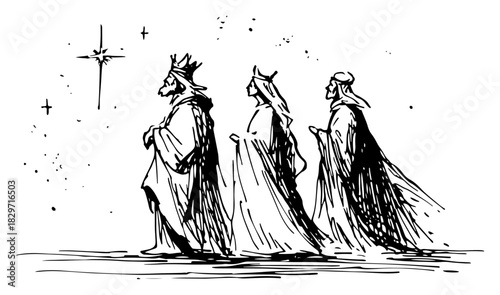 Loose hand drawn doodle of three wise men following the guiding star of bethlehem vector illustration