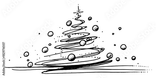 Scribbled abstract christmas tree formed by swirling ribbon line and baubles vector illustration