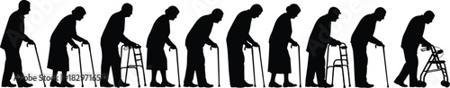 Horizontal Row of Senior Silhouettes Depicting the Aging Process and Need for M