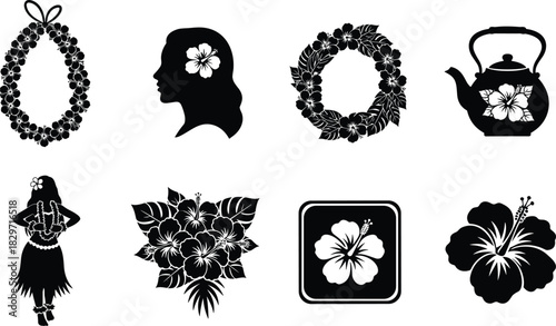 Black Silhouette Hawaii Icons Vector Illustration Set with Hula Dancer, Traditional Flower Lei, Woman Profile, Floral Wreath, Teapot, and Hibiscus Flower Graphics, Exotic Tropical Island Culture