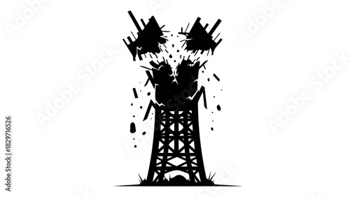 Broken window pane with cracks and shattered glass in silhouette