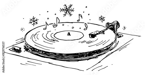 Vector doodle sketch of vintage vinyl record player spinning with musical notes and falling snowflakes rough retro turntable