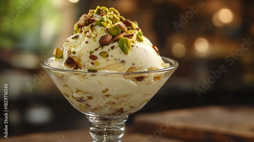 Peshwari Ice Cream Sundae Topped with Pistachios and Rose Petals in Glass Bowl