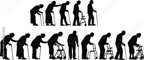 Aging Process and Mobility Aids Concept, Featuring Silhouettes of Elderly People, Seniors, and Grandparents Using Walkers and Canes, Symbolizing 