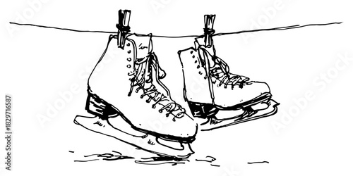 Vector doodle sketch of vintage ice skates hanging by laces on clothesline rough ink winter sport equipment illustration