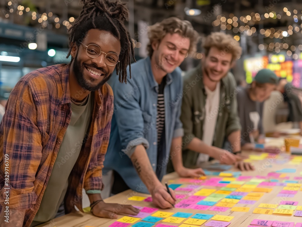 Fototapeta premium African American man smiling at camera while collaborating with diverse team on colorful sticky notes in a modern workspace, showcasing teamwork and creativity
