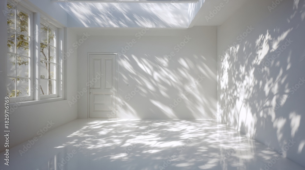 Fototapeta premium Bright empty room with dappled light from trees