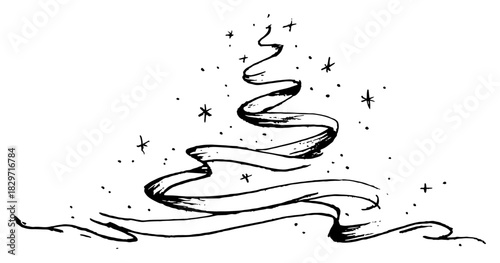 Vector doodle sketch of abstract Christmas tree shape formed by swirling ribbon rough ink festive minimalist illustration