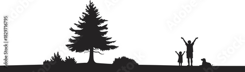 Silhouette of parent and child with dog celebrating in nature near pine tree and bushes in outdoor landscape vector art