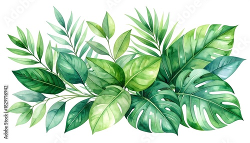 Watercolor foliage illustration featuring assorted lush green leaves of various shapes and sizes in a decorative arrangement
