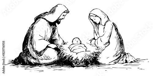 Vector doodle sketch of Holy Family with Mary Joseph and Baby Jesus in manger rough ink Nativity scene illustration
