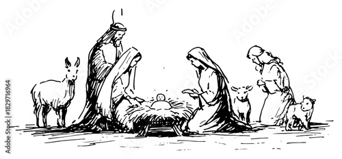 Vector doodle sketch of traditional Nativity scene with Holy Family and animals around manger rough ink religious illustration