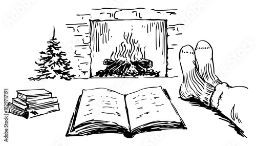 Scribbled fireplace scene with relaxing wool socks and open book vector illustration