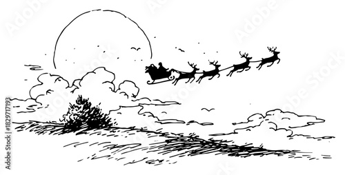 Rough silhouette doodle of santa claus flying in sleigh against full moon vector illustration