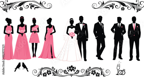 Black Silhouette Wedding Party Vector Illustration Set with Bride, Groom, Groomsmen, and Bridesmaids in Pink Dresses, Decorative Floral Swirl Borders, Marriage Celebration Graphics