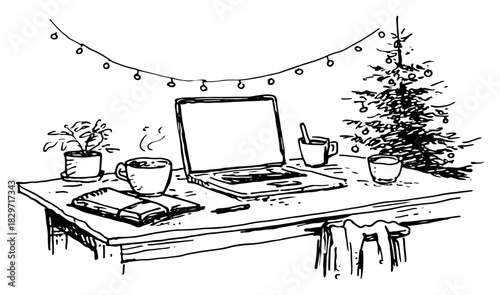 Rough workspace sketch of home office with laptop and christmas tree vector illustration