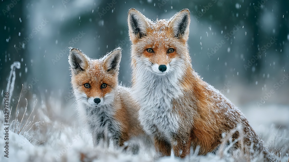 Fototapeta premium Adorable red fox mother stands next to her small cub in a snowy field with soft winter light and falling snowflakes in a heartwarming scene.