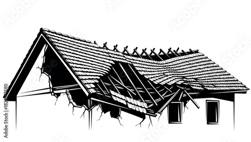 Dilapidated house with damaged roof in black silhouette style silhouette