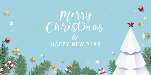 A festive christmas and happy new year greeting with a paper tree