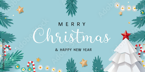 A festive christmas background featuring pine trees candy canes and a paper tree