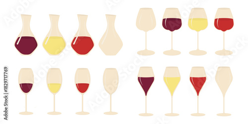 Various stemmed glasses Wide Classic and Elegant and Decanter with Red White and Rose Wine glassware. Isolated Vector illustration Wine Day Related Content Sticker Icon Menu Thematic Cards, leaflets