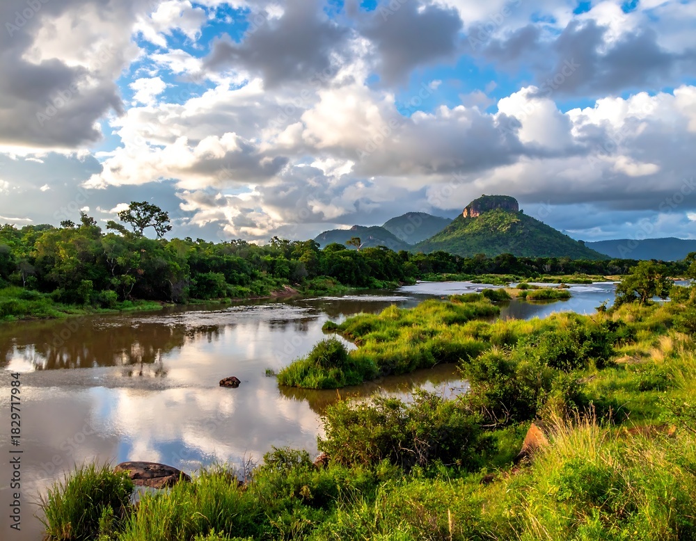 Obraz premium Wide river flowing through lush, green landscape under a dramatic, cloudy sky