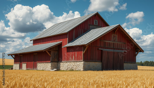 A red barn with a gray roof stands amidst a golden wheat field, backed by a clear blue sky.