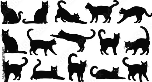 Collection of black cat silhouettes vector illustration set, showing felines in various sitting, stretching, and active poses for pet shop logos, animal graphics, and spooky Halloween design projects.