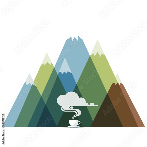 Abstract mountain landscape with steaming coffee cup for relaxation  